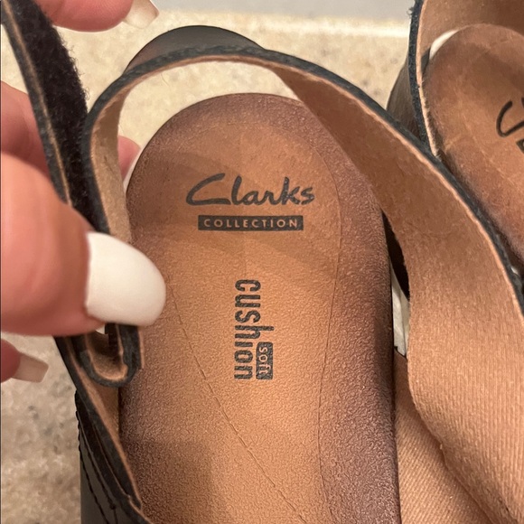 Clarks Black and White Patterned Wedge Sandals - Picture 2 of 8